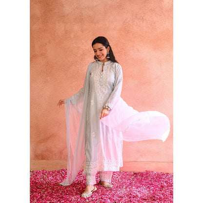 House of Chikankari Ifrah Chikankari Blue Chanderi Kurta With Pant and Dupatta (Set of 3)