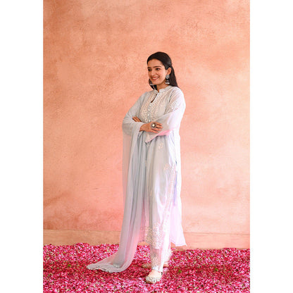 House of Chikankari Ifrah Chikankari Blue Chanderi Kurta With Pant and Dupatta (Set of 3)
