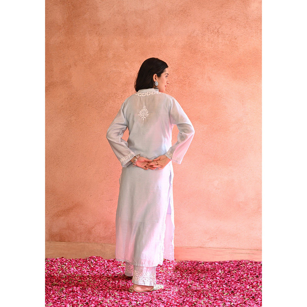 House of Chikankari Ifrah Chikankari Blue Chanderi Kurta With Pant and Dupatta (Set of 3)