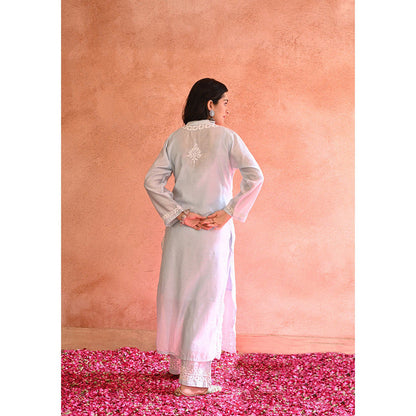 House of Chikankari Ifrah Chikankari Blue Chanderi Kurta With Pant and Dupatta (Set of 3)