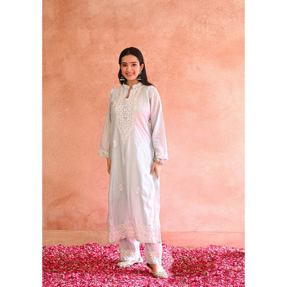 House of Chikankari Ifrah Chikankari Blue Chanderi Kurta With Pant and Dupatta (Set of 3)