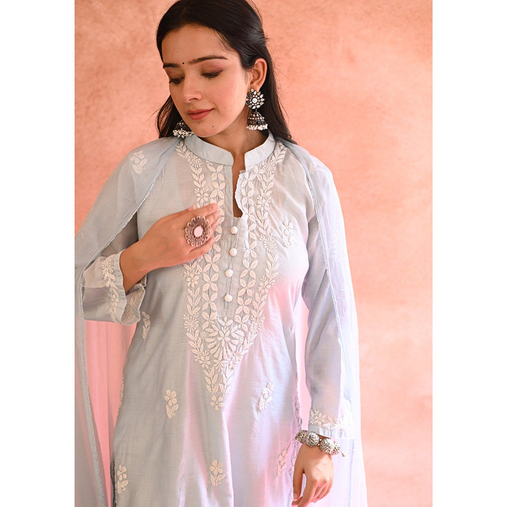 House of Chikankari Ifrah Chikankari Blue Chanderi Kurta With Pant and Dupatta (Set of 3)