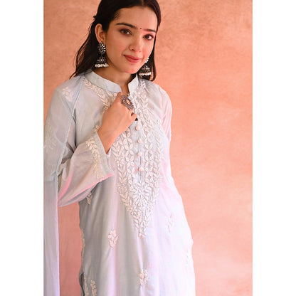 House of Chikankari Ifrah Chikankari Blue Chanderi Kurta With Pant and Dupatta (Set of 3)