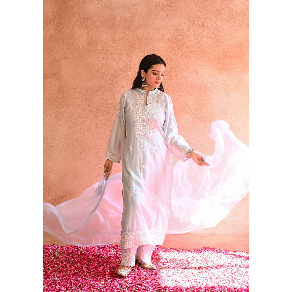 House of Chikankari Ifrah Chikankari Blue Chanderi Kurta With Pant and Dupatta (Set of 3)