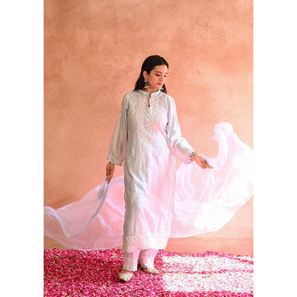 House of Chikankari Ifrah Chikankari Blue Chanderi Kurta With Pant and Dupatta (Set of 3)