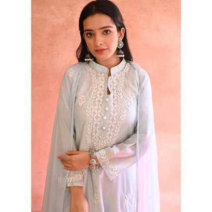 House of Chikankari Ifrah Chikankari Blue Chanderi Kurta With Pant and Dupatta (Set of 3)