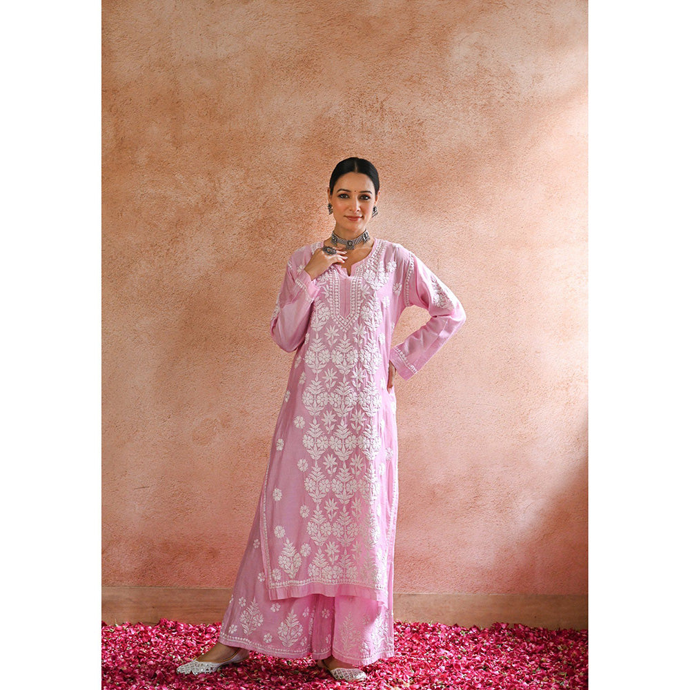 House of Chikankari Sharleez Chikankari Pink Chanderi Straight Kurta with Palazzo (Set of 2)