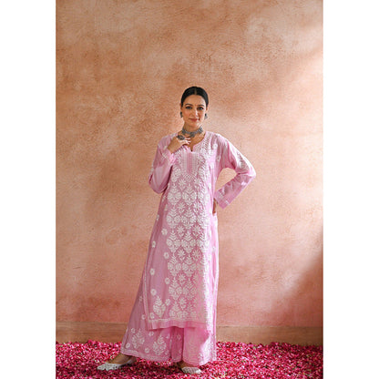 House of Chikankari Sharleez Chikankari Pink Chanderi Straight Kurta with Palazzo (Set of 2)
