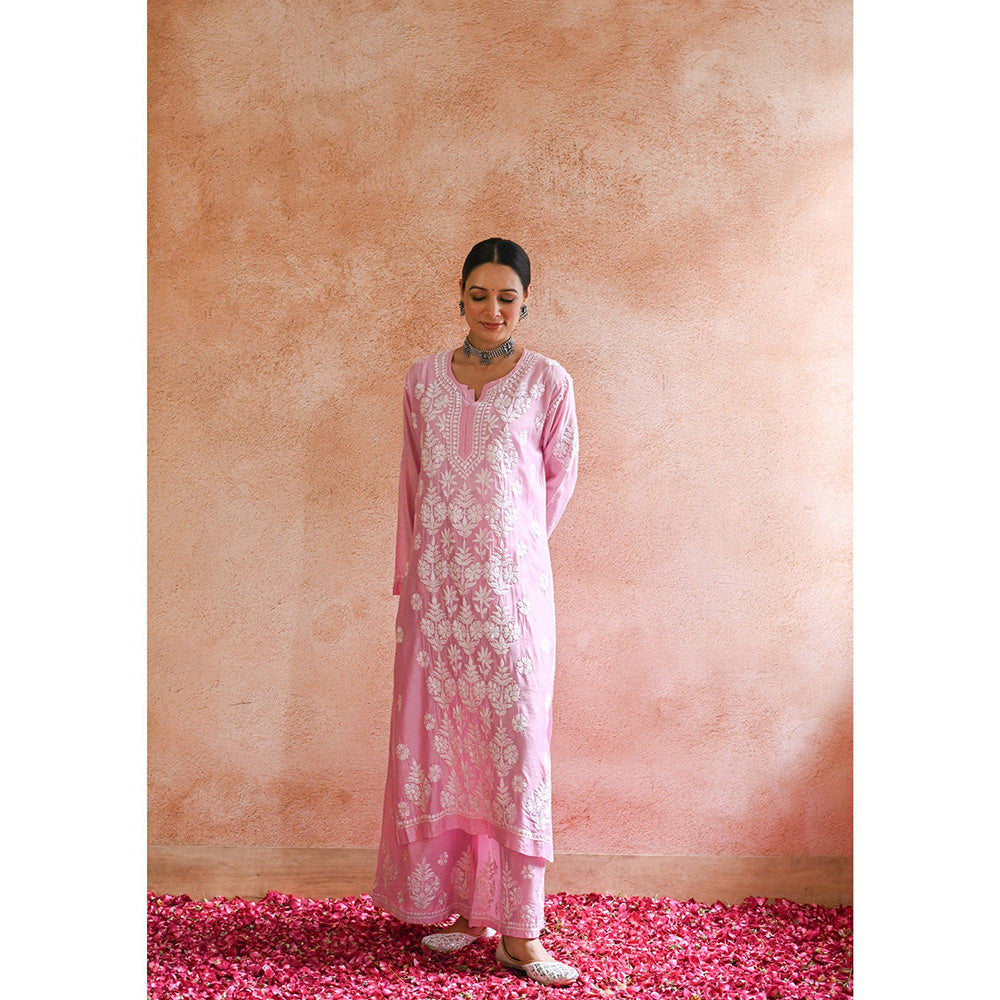 House of Chikankari Sharleez Chikankari Pink Chanderi Straight Kurta with Palazzo (Set of 2)