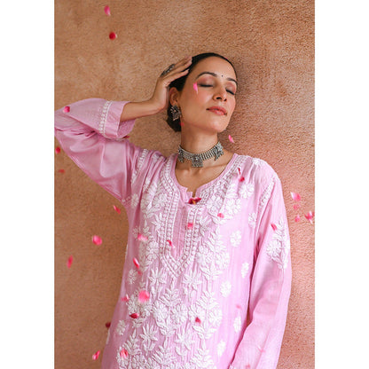 House of Chikankari Sharleez Chikankari Pink Chanderi Straight Kurta with Palazzo (Set of 2)