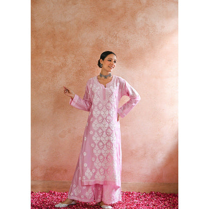House of Chikankari Sharleez Chikankari Pink Chanderi Straight Kurta with Palazzo (Set of 2)