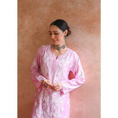 House of Chikankari Sharleez Chikankari Pink Chanderi Straight Kurta with Palazzo (Set of 2)