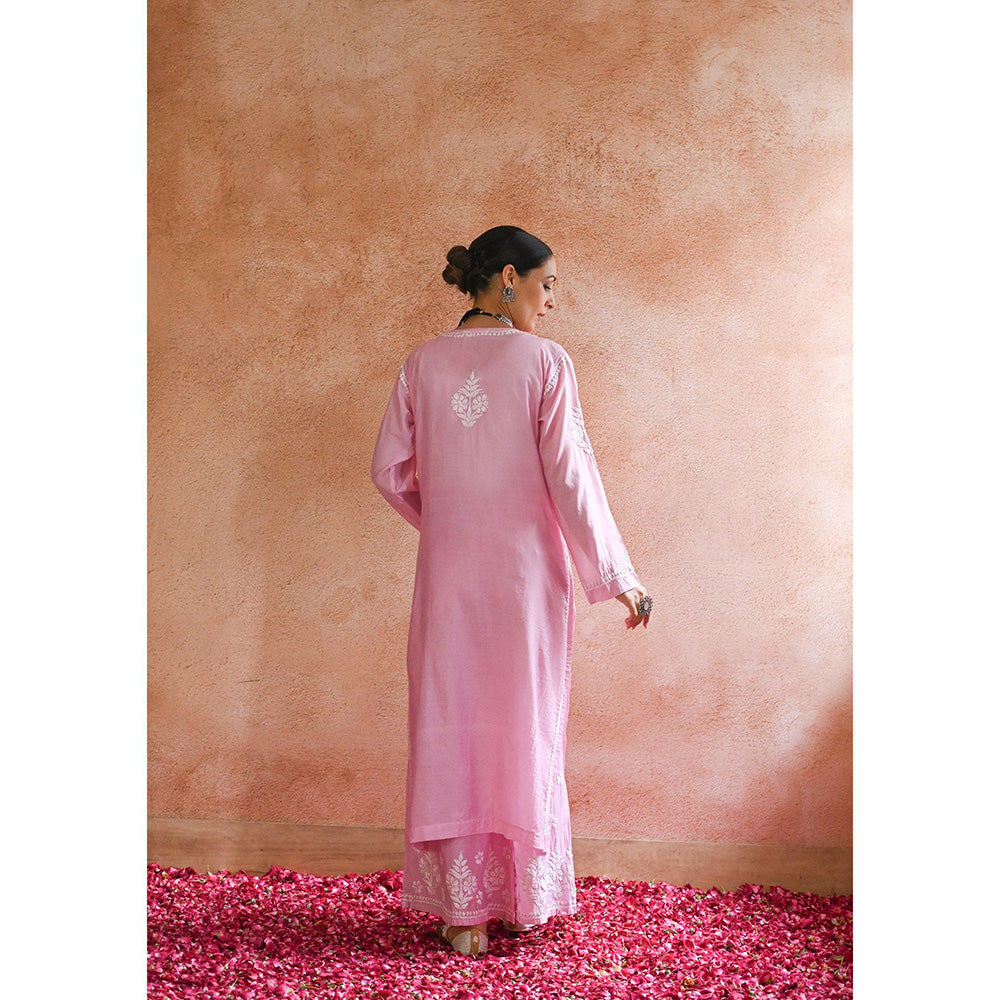 House of Chikankari Sharleez Chikankari Pink Chanderi Straight Kurta with Palazzo (Set of 2)