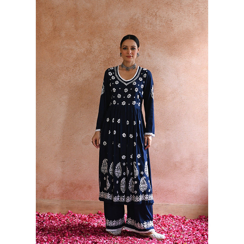 House of Chikankari Rabt Chikankari Navy Blue Modal Anarkali Kurta with Palazzo (Set of 2)
