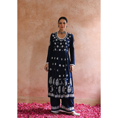House of Chikankari Rabt Chikankari Navy Blue Modal Anarkali Kurta with Palazzo (Set of 2)