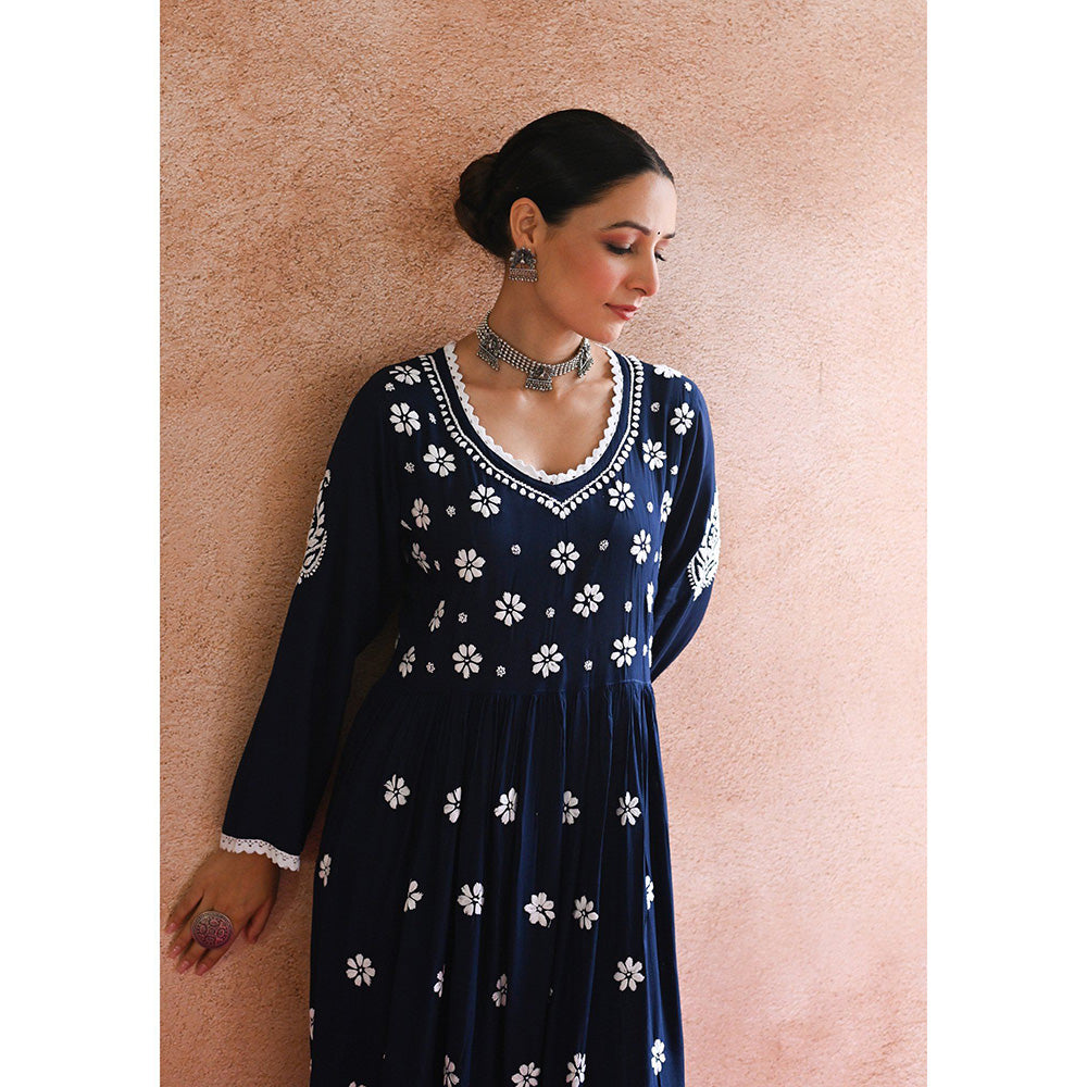 House of Chikankari Rabt Chikankari Navy Blue Modal Anarkali Kurta with Palazzo (Set of 2)