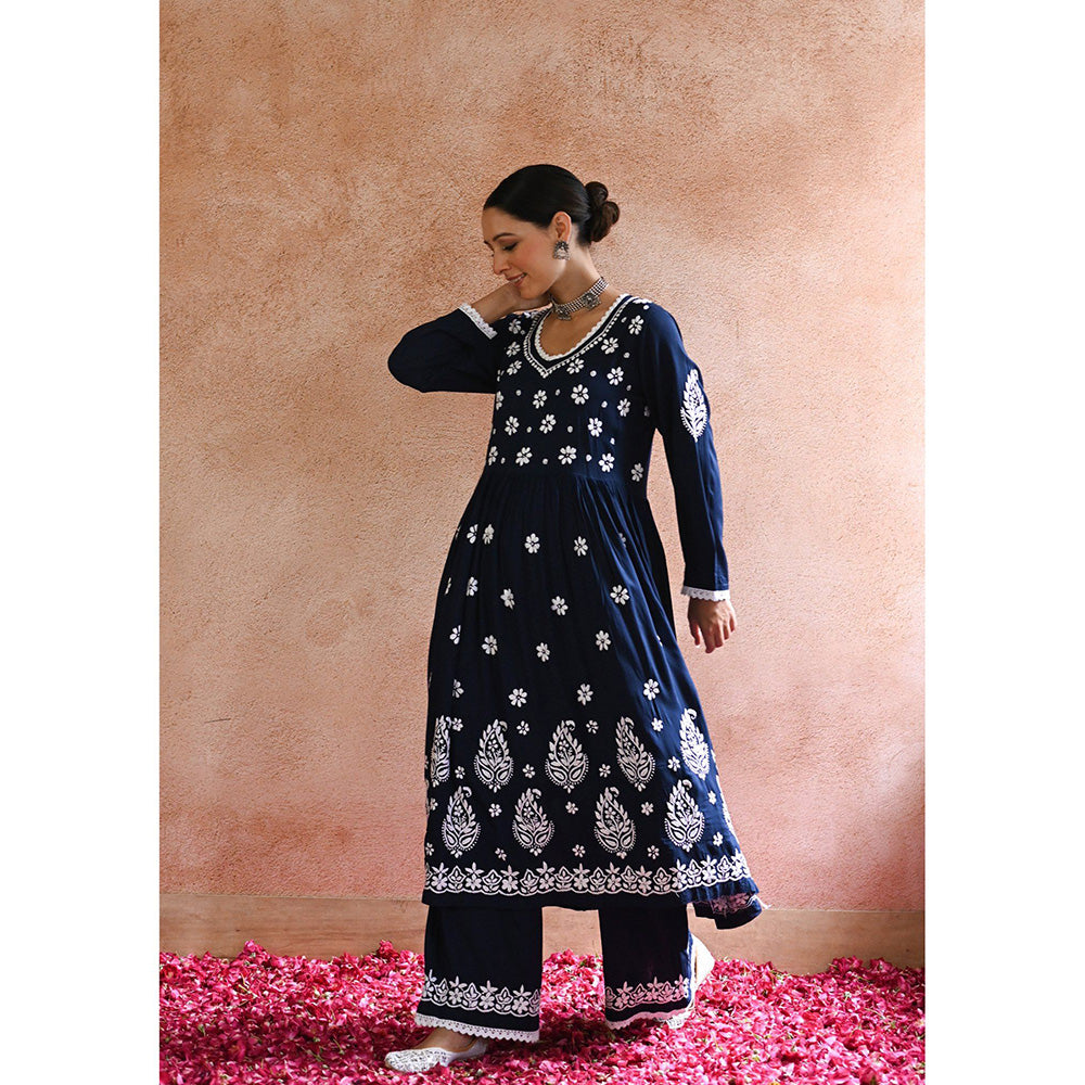 House of Chikankari Rabt Chikankari Navy Blue Modal Anarkali Kurta with Palazzo (Set of 2)