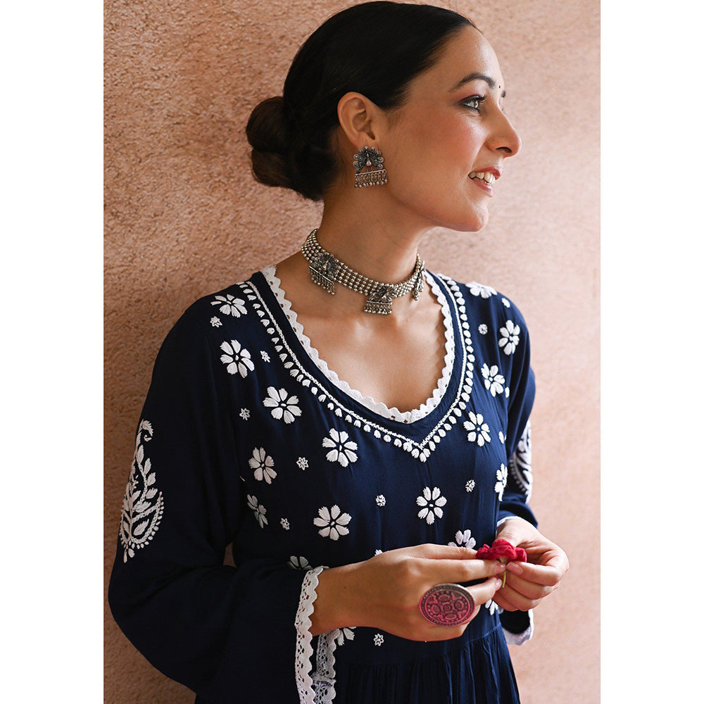 House of Chikankari Rabt Chikankari Navy Blue Modal Anarkali Kurta with Palazzo (Set of 2)