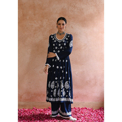 House of Chikankari Rabt Chikankari Navy Blue Modal Anarkali Kurta with Palazzo (Set of 2)