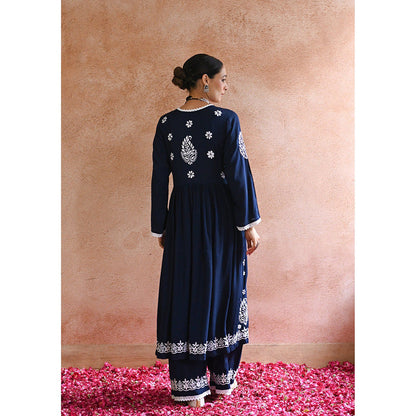 House of Chikankari Rabt Chikankari Navy Blue Modal Anarkali Kurta with Palazzo (Set of 2)