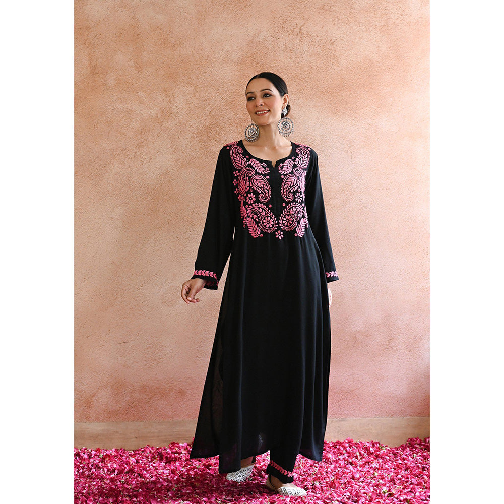 House of Chikankari Rubaab Chikankari Black Rayon Straight Kurta with Pant with Pant (Set of 2)