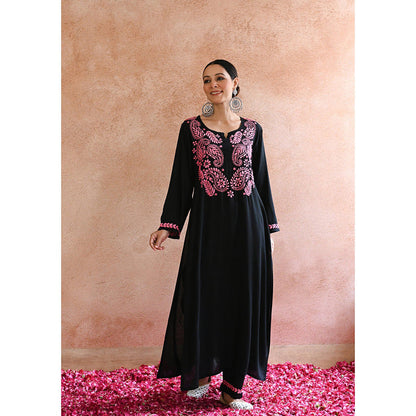 House of Chikankari Rubaab Chikankari Black Rayon Straight Kurta with Pant with Pant (Set of 2)