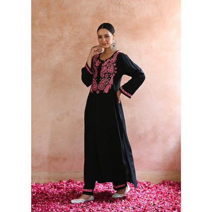 House of Chikankari Rubaab Chikankari Black Rayon Straight Kurta with Pant with Pant (Set of 2)