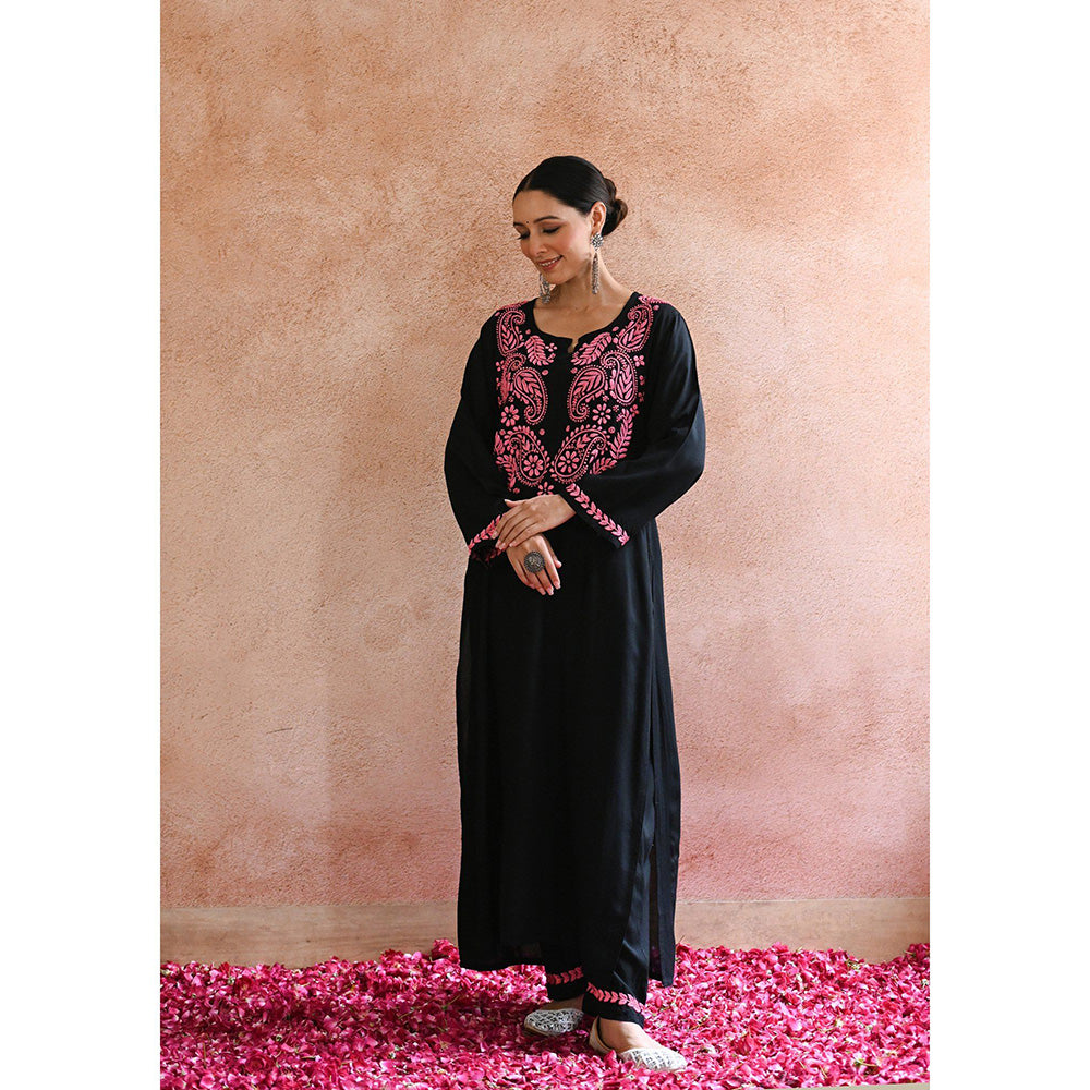 House of Chikankari Rubaab Chikankari Black Rayon Straight Kurta with Pant with Pant (Set of 2)