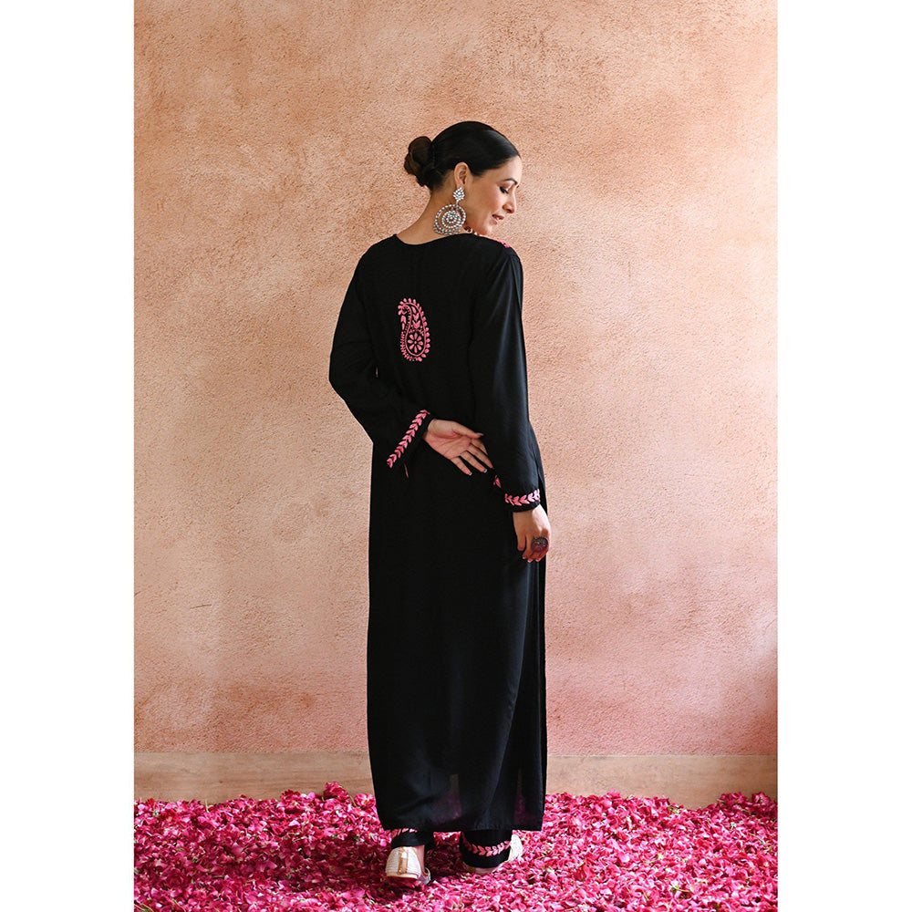 House of Chikankari Rubaab Chikankari Black Rayon Straight Kurta with Pant with Pant (Set of 2)