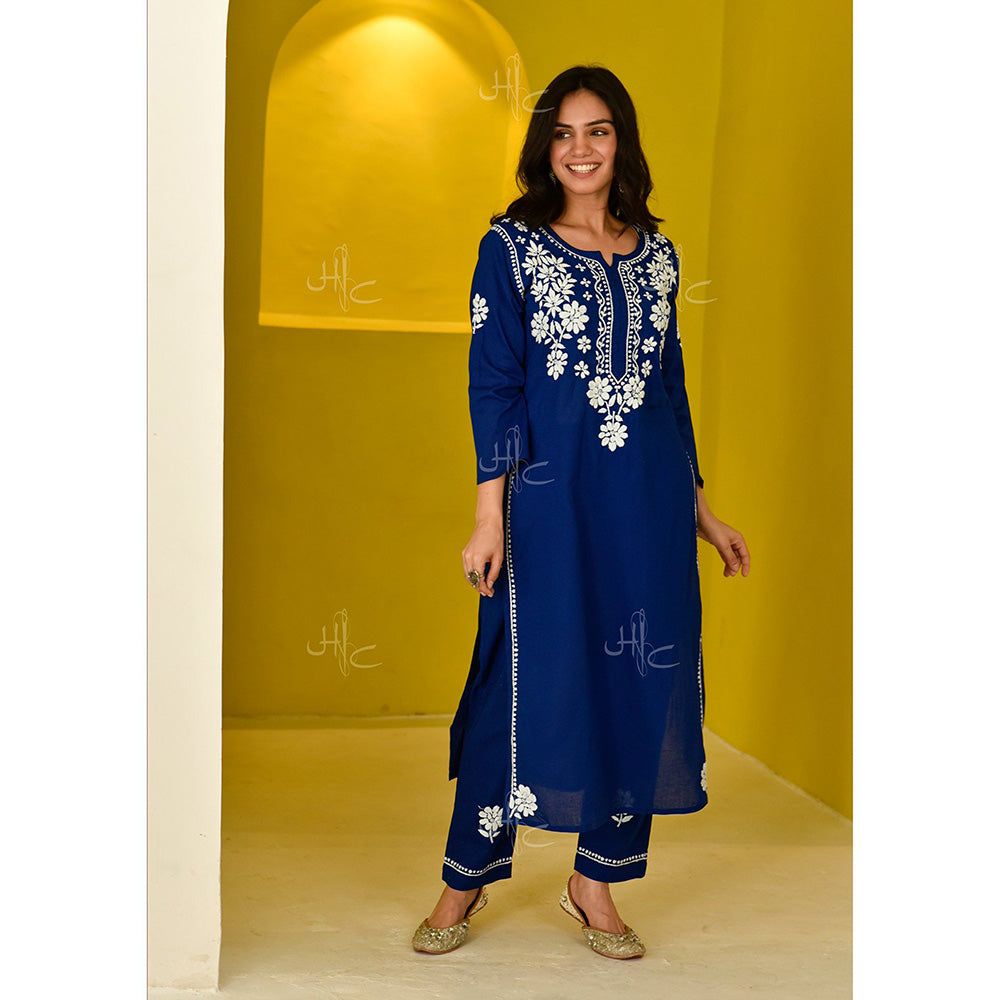 House of Chikankari Juhaina Chikankari Blue Cotton Straight (Set of 2)