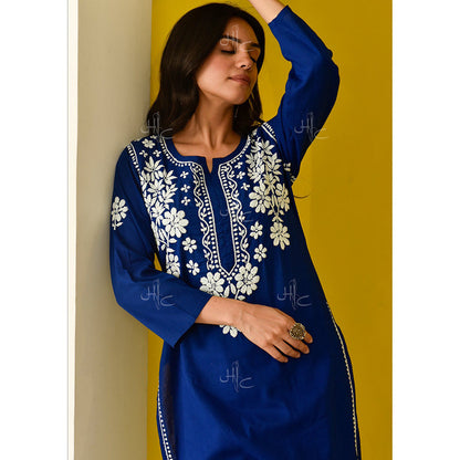 House of Chikankari Juhaina Chikankari Blue Cotton Straight (Set of 2)