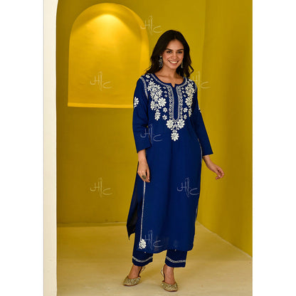House of Chikankari Juhaina Chikankari Blue Cotton Straight (Set of 2)