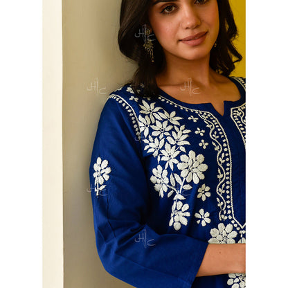 House of Chikankari Juhaina Chikankari Blue Cotton Straight (Set of 2)
