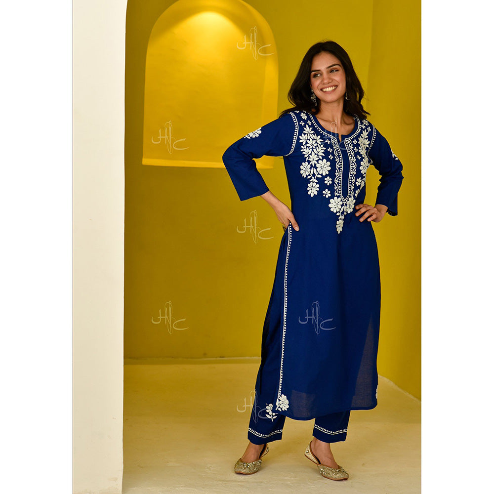 House of Chikankari Juhaina Chikankari Blue Cotton Straight (Set of 2)