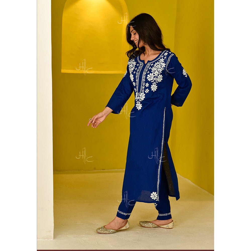 House of Chikankari Juhaina Chikankari Blue Cotton Straight (Set of 2)