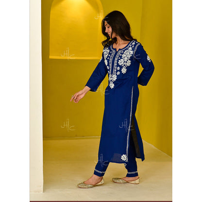 House of Chikankari Juhaina Chikankari Blue Cotton Straight (Set of 2)