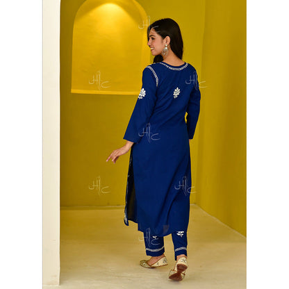 House of Chikankari Juhaina Chikankari Blue Cotton Straight (Set of 2)