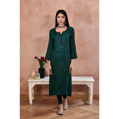 House of Chikankari Afifa Chikankari Green Rayon Kurta with Pant with Pant (Set of 2)