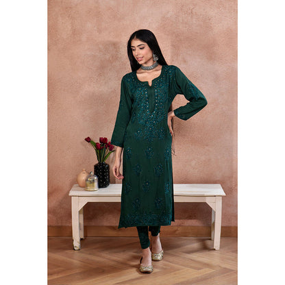 House of Chikankari Afifa Chikankari Green Rayon Kurta with Pant with Pant (Set of 2)