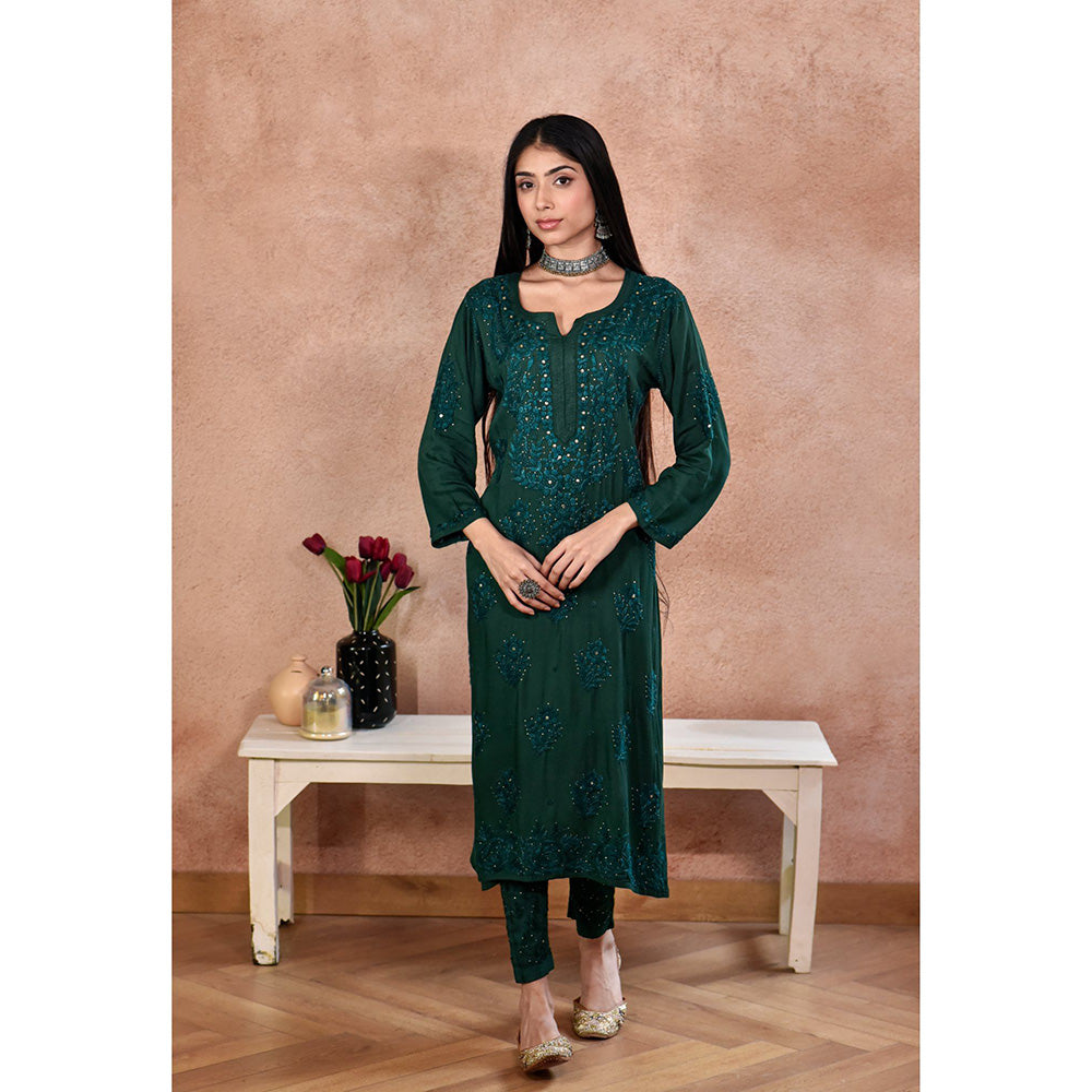 House of Chikankari Afifa Chikankari Green Rayon Kurta with Pant with Pant (Set of 2)