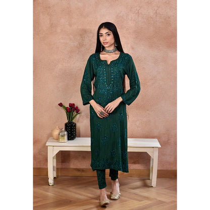 House of Chikankari Afifa Chikankari Green Rayon Kurta with Pant with Pant (Set of 2)