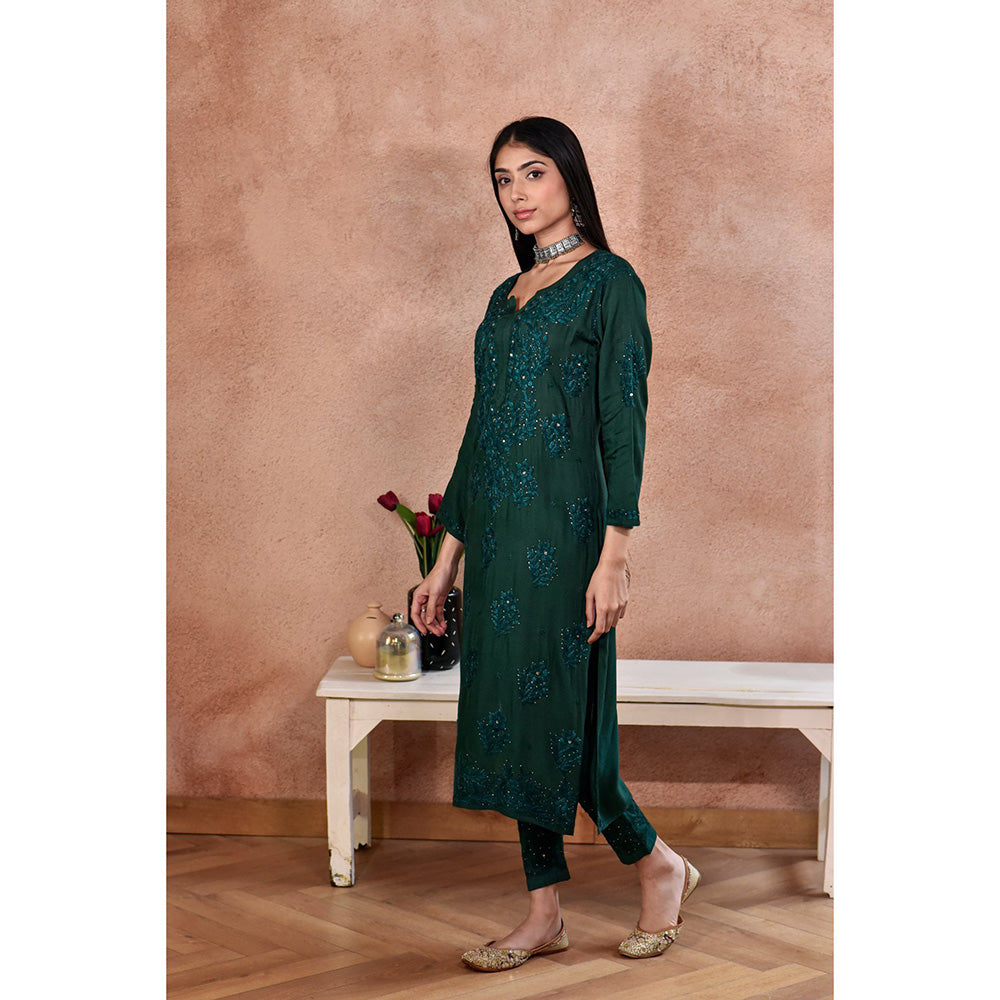 House of Chikankari Afifa Chikankari Green Rayon Kurta with Pant with Pant (Set of 2)