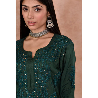 House of Chikankari Afifa Chikankari Green Rayon Kurta with Pant with Pant (Set of 2)