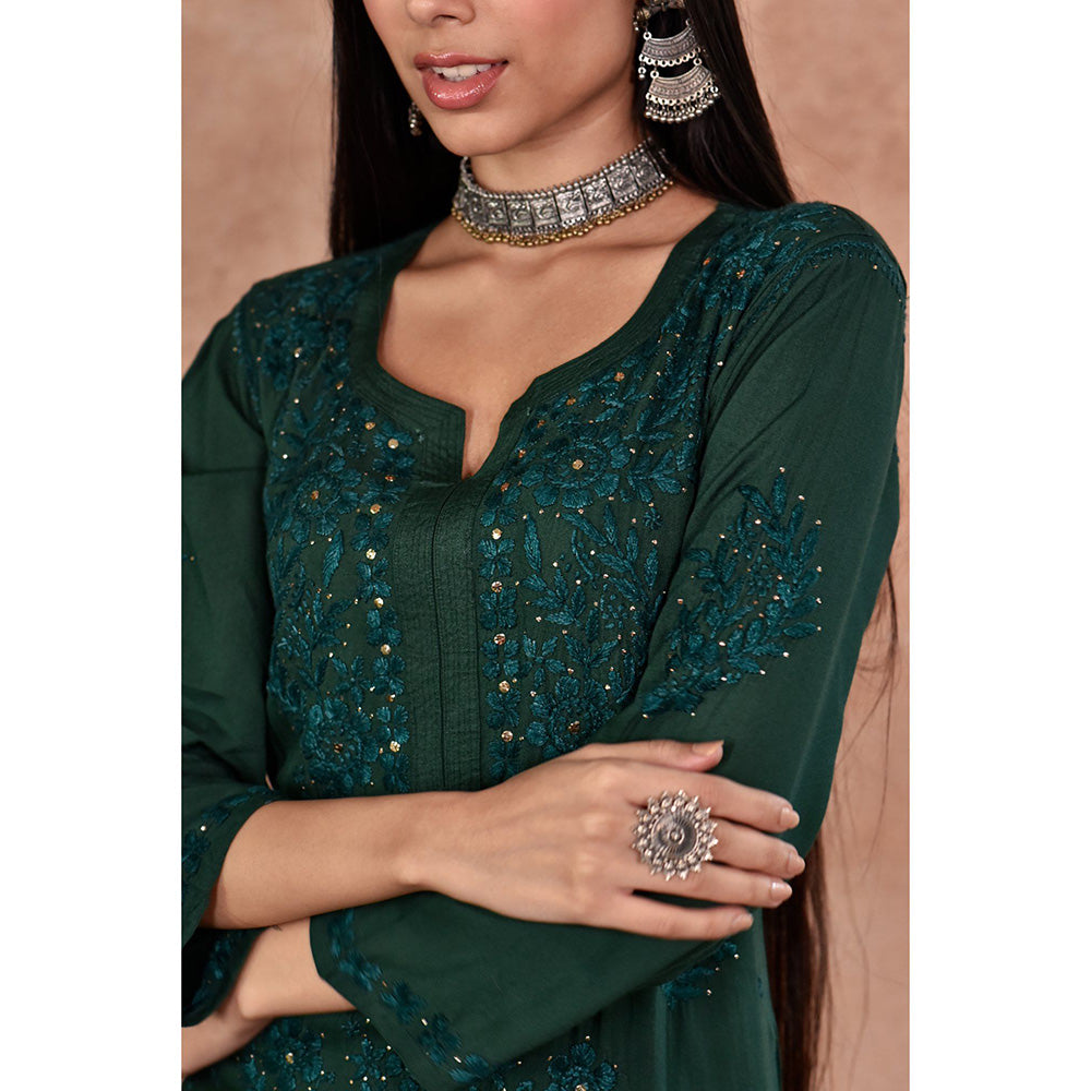 House of Chikankari Afifa Chikankari Green Rayon Kurta with Pant with Pant (Set of 2)