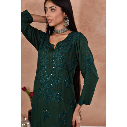 House of Chikankari Afifa Chikankari Green Rayon Kurta with Pant with Pant (Set of 2)