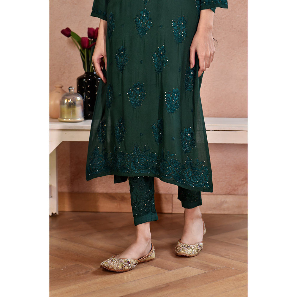 House of Chikankari Afifa Chikankari Green Rayon Kurta with Pant with Pant (Set of 2)