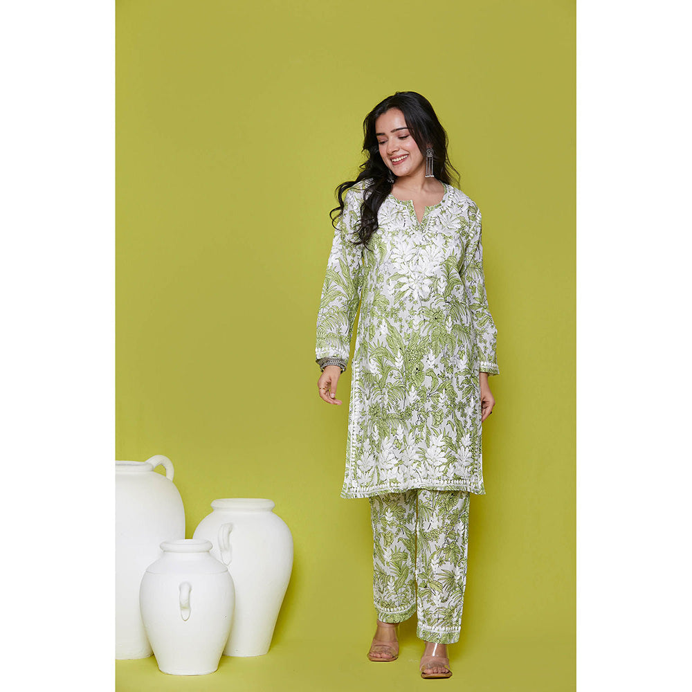 House of Chikankari Mulmul Chikankari Printed Womens Kurta with Pants-Green (Set of 2)