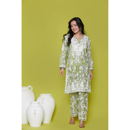 House of Chikankari Mulmul Chikankari Printed Womens Kurta with Pants-Green (Set of 2)