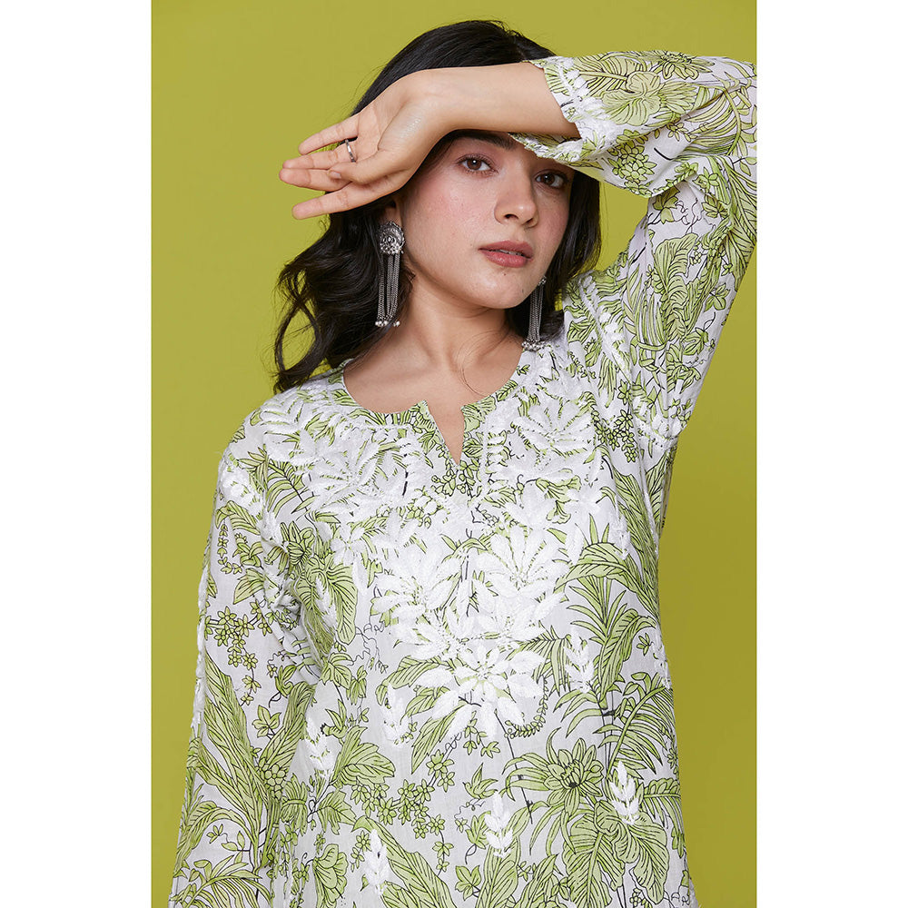 House of Chikankari Mulmul Chikankari Printed Womens Kurta with Pants-Green (Set of 2)