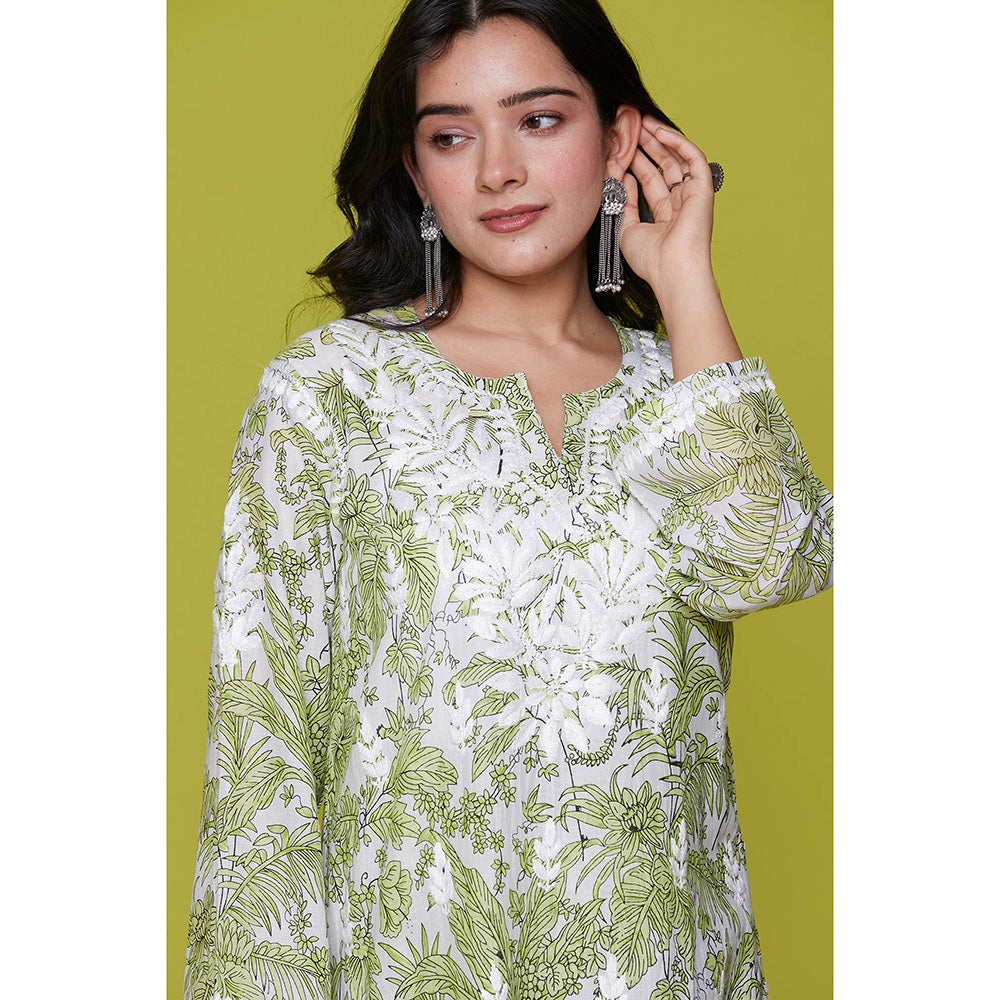 House of Chikankari Mulmul Chikankari Printed Womens Kurta with Pants-Green (Set of 2)